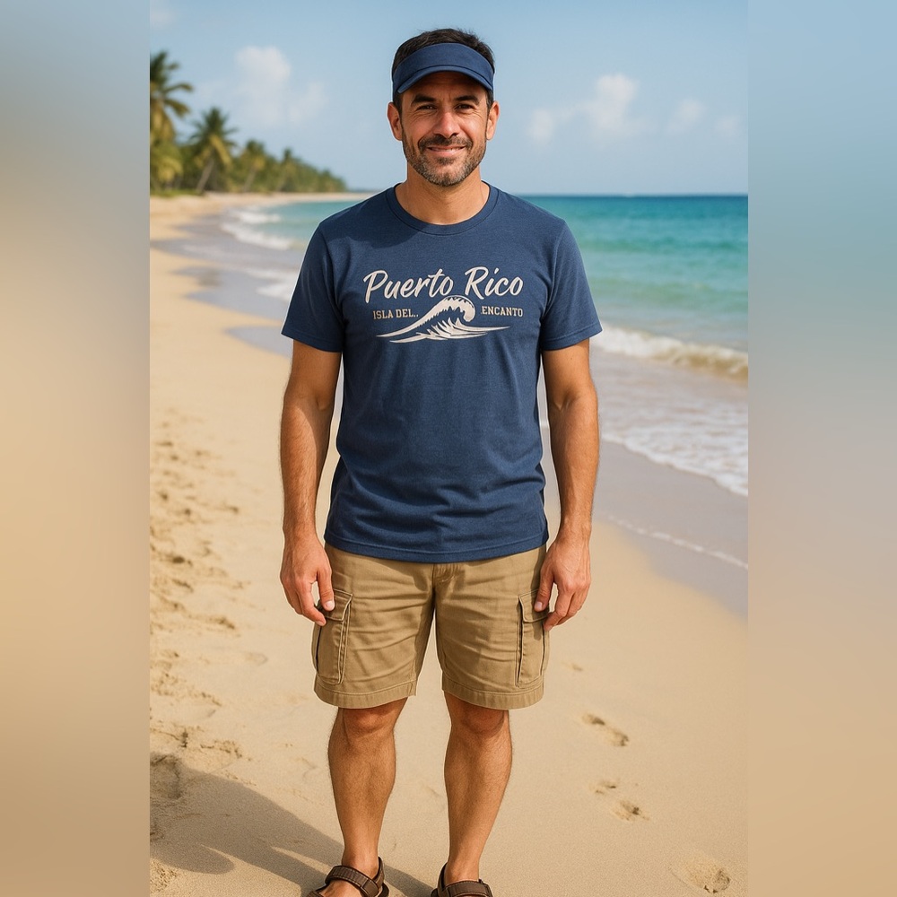 Navy Blue Puerto Rico ‘ISLA DEL ENCANTO’ Beach Surf Wave T-Shirt Size Lg